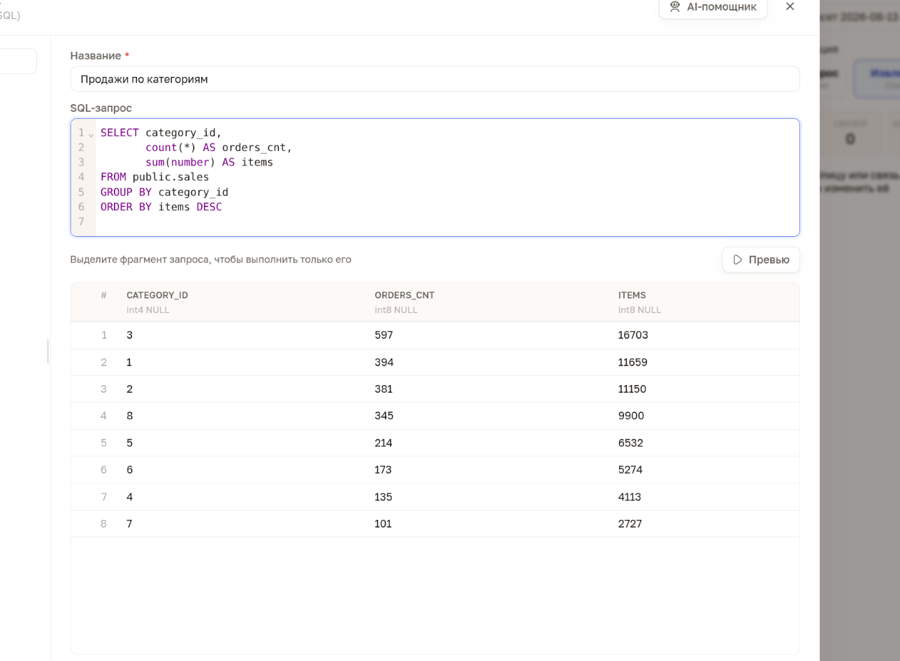 Окно SQL-блока с результатом превью