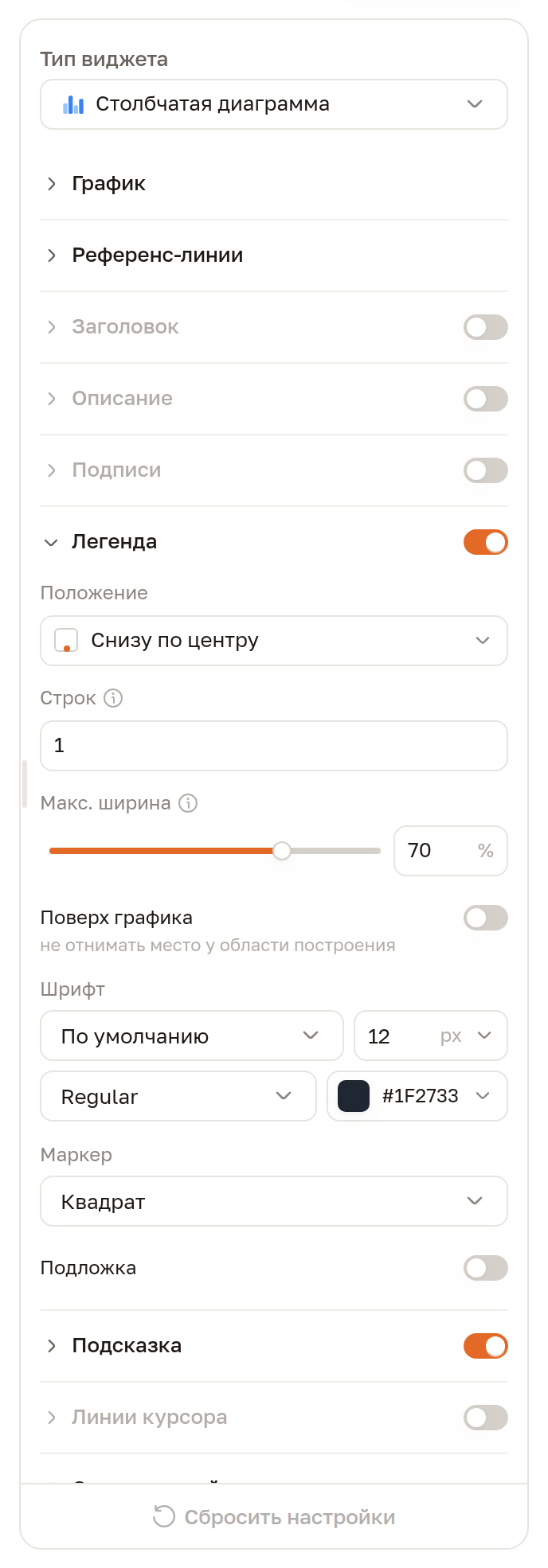 Правая панель виджета с раскрытой секцией «Легенда»